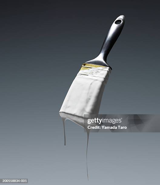 paintbrush dripping against gray background - brush stock-fotos und bilder