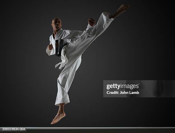 man in mid-air performing karate kick - karate stock-fotos und bilder