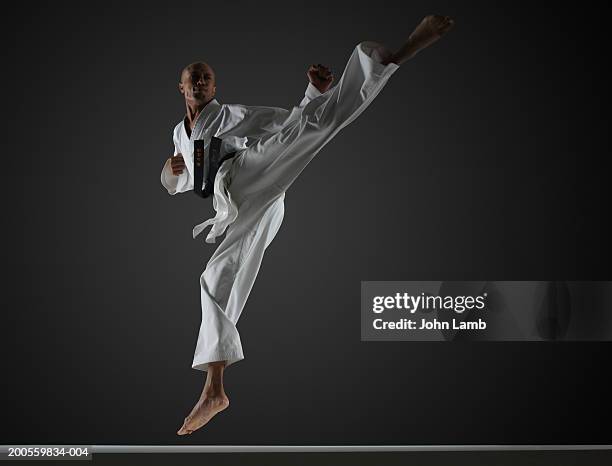 man in mid-air performing karate kick - karateka stock-fotos und bilder