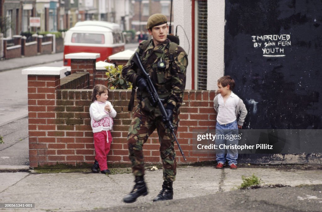 Northern Ireland, West Belfast, British Army soldier on patrol
