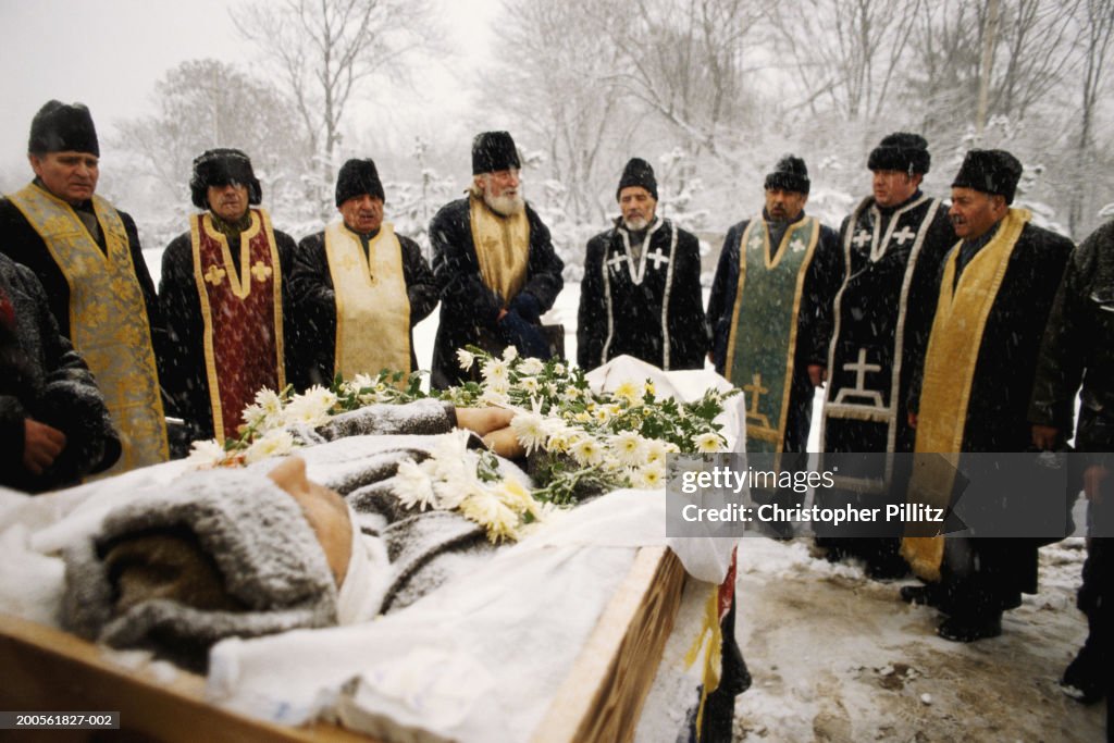 Romania, Bucharest, funeral of fallen heroes of revolution,open coffin