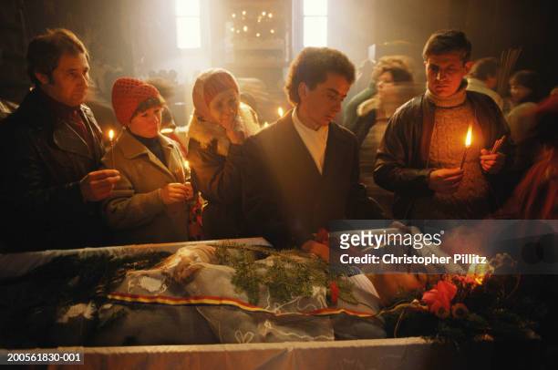 Romania, Bucharest, funeral of fallen heroes of revolution, coffin.