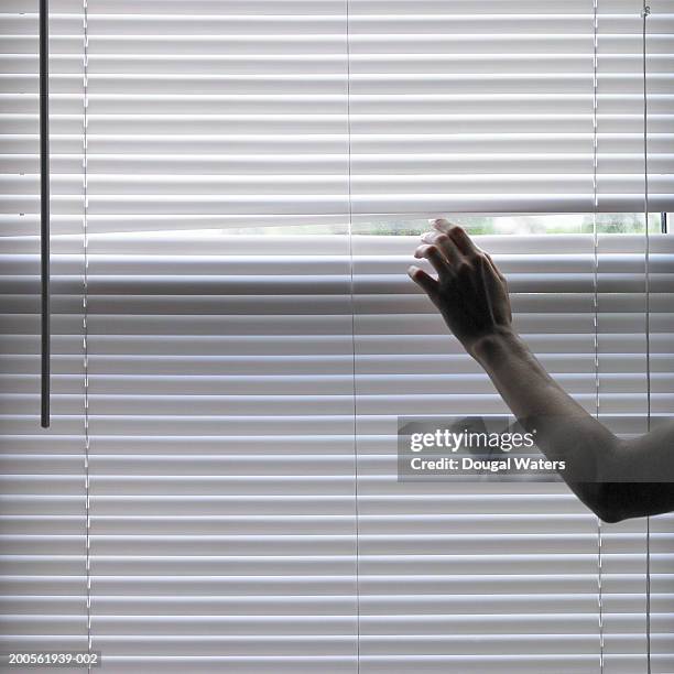 woman peeking through blinds on window, close up of arm - lameller bildbanksfoton och bilder