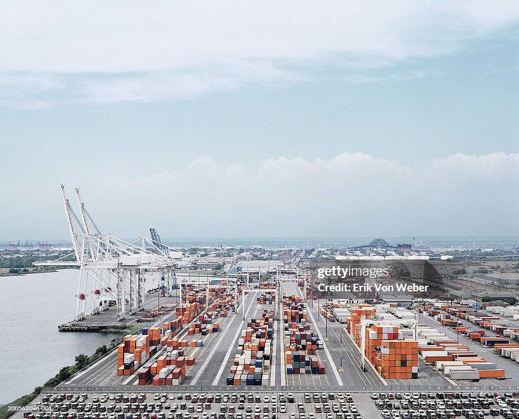 Crane and cargo containers on pier, elevated view