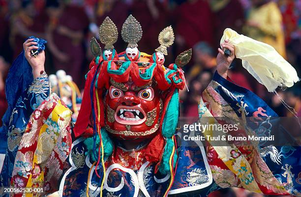 china, tibet, lhassa, new year festival, person in costume - chinese mask stockfoto's en -beelden