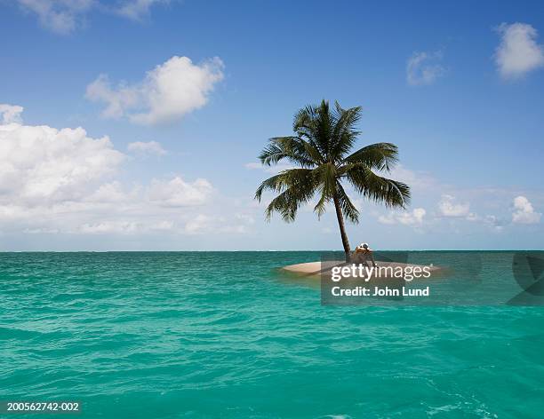 man sitting on edge of small island with one palm tree - einsame insel stock-fotos und bilder