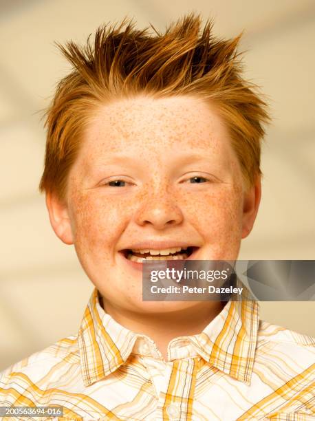 redheaded boy (10-11) with freckles, smiling, portrait, close-up - fat redhead stock pictures, royalty-free photos & images