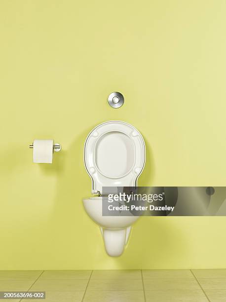 toilet in yellow room, front view - restroom door stockfoto's en -beelden
