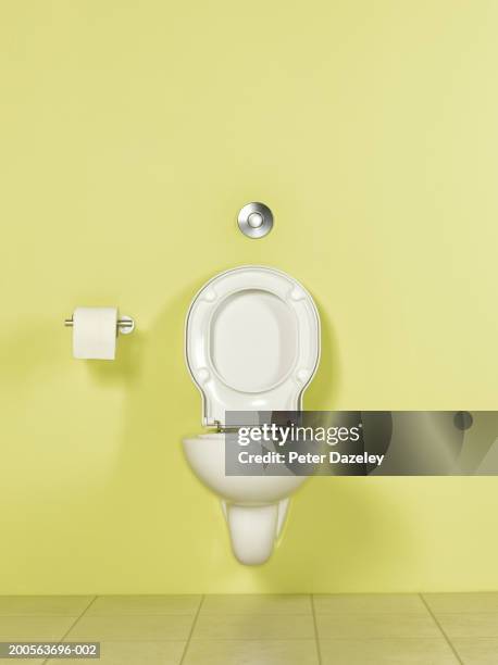 toilet in yellow room, front view - public toilet stock pictures, royalty-free photos & images