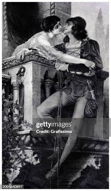 stockillustraties, clipart, cartoons en iconen met romeo and juliet engraving 1886 - romantiek kunststroming