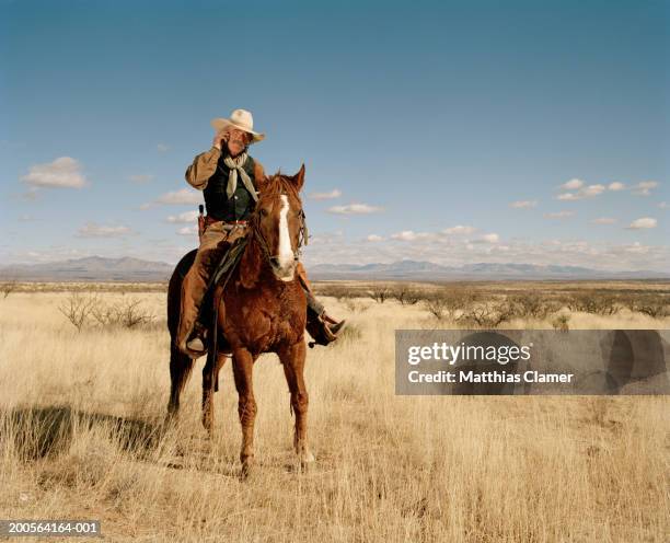 cowboy riding horse using mobile phone - cowboy stock pictures, royalty-free photos & images