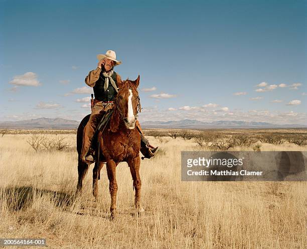 cowboy riding horse using mobile phone - cowboy 個照片及圖片檔