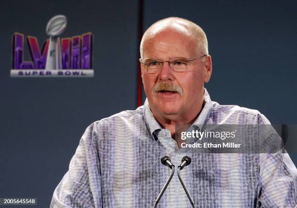 Head coach Andy Reid of the Kansas City Chiefs speaks during a news conference for the winning head coach and MVP of Super Bowl LVIII at the Mandalay...