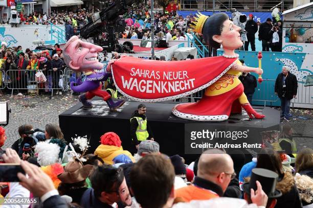 Parade float shows an effigy of Sarah Wagenknecht and former Mayor of Dusseldorf, Thomas Geisel, at the annual Rose Monday Carnival parade on...