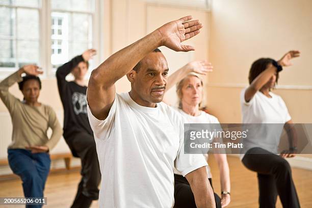 group of people practicing posture during tai chi class - martial arts training stock pictures, royalty-free photos & images