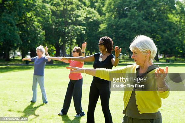 group of mature women practicing tai chi in park - woman and tai chi stock pictures, royalty-free photos & images