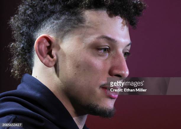Quarterback Patrick Mahomes of the Kansas City Chiefs answers questions during a news conference for the winning head coach and MVP of Super Bowl...