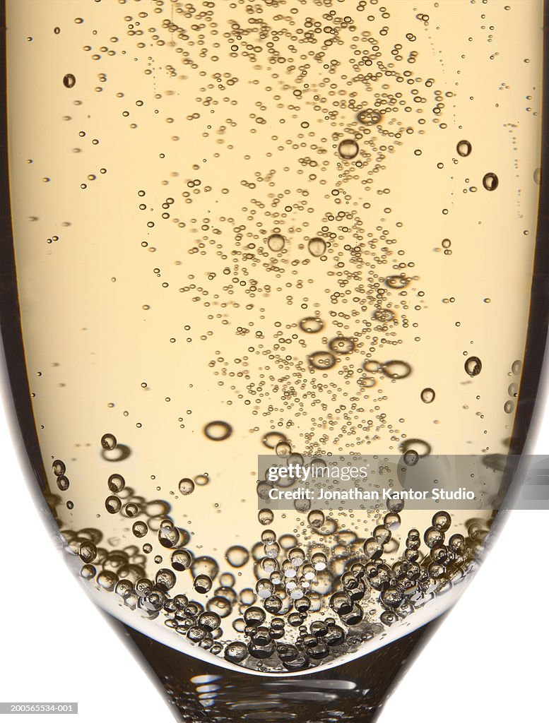 Glass of champagne with bubbles, close-up
