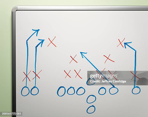 football play diagram on whiteboard, close-up - football game plan stock pictures, royalty-free photos & images