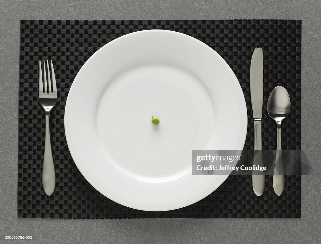One green pea on white plate with table setting, elevated view