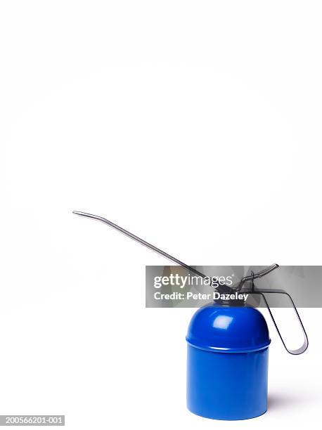 blue oil can on white background - lata de óleo imagens e fotografias de stock