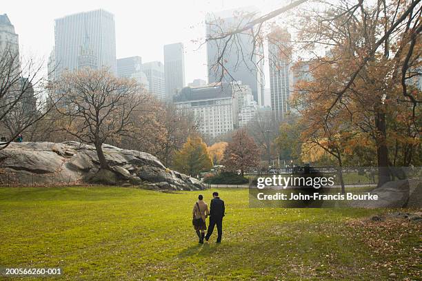 usa, new york, young couple walking in central park - central park view stockfoto's en -beelden