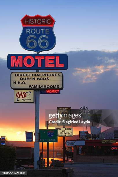 usa,  arizona, route 66, seligman, motel neon sign, sunset - route 66 stock pictures, royalty-free photos & images