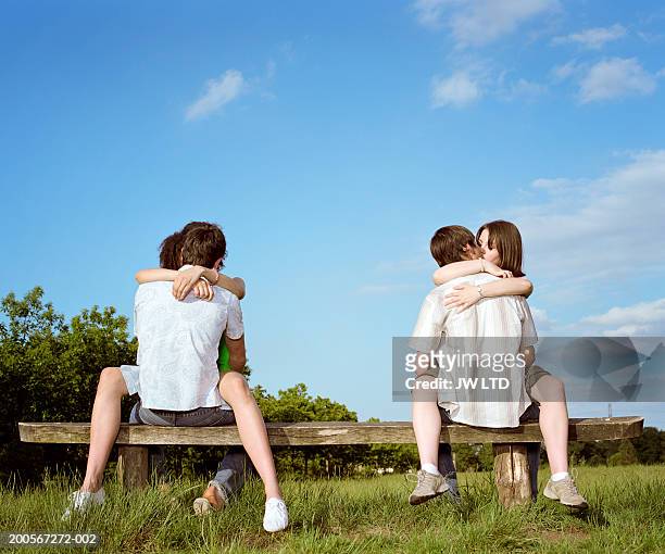 teenage couple (13-15) on bench , kissing, rear view - desire stock photos et images de collection