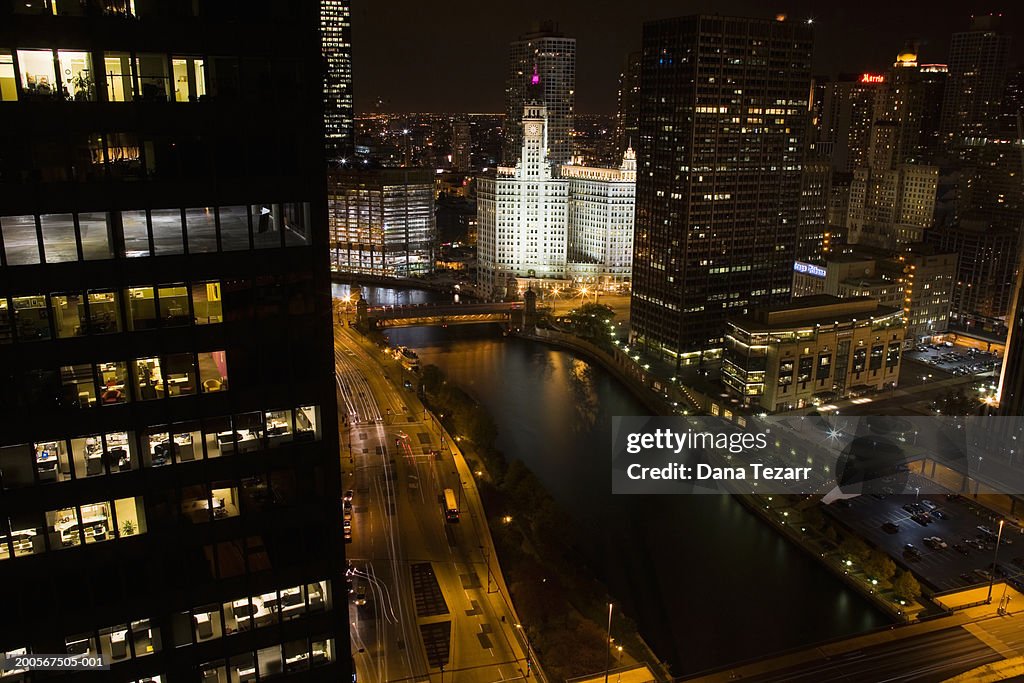 USA, Chicago, skyline, elevated view, night