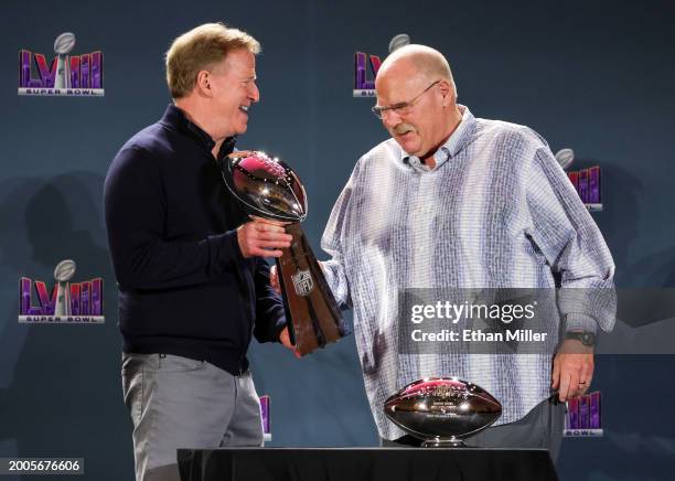 Commissioner Roger Goodell hands the Vince Lombardi Trophy to head coach Andy Reid of the Kansas City Chiefs during a news conference for the winning...