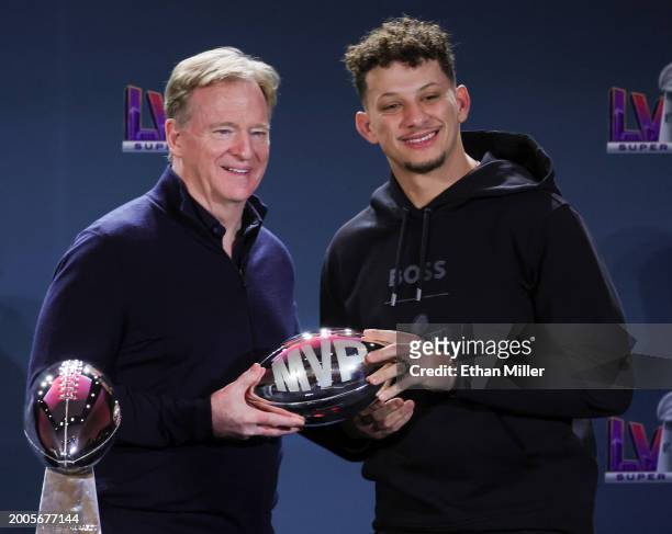 Commissioner Roger Goodell poses with quarterback Patrick Mahomes of the Kansas City Chiefs and the MVP award during a news conference for the...
