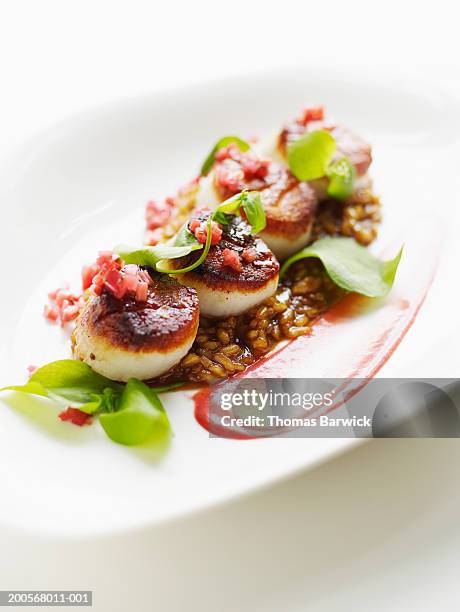 seared rare scallops with sweet onion risotto and rhubarb - seared stockfoto's en -beelden