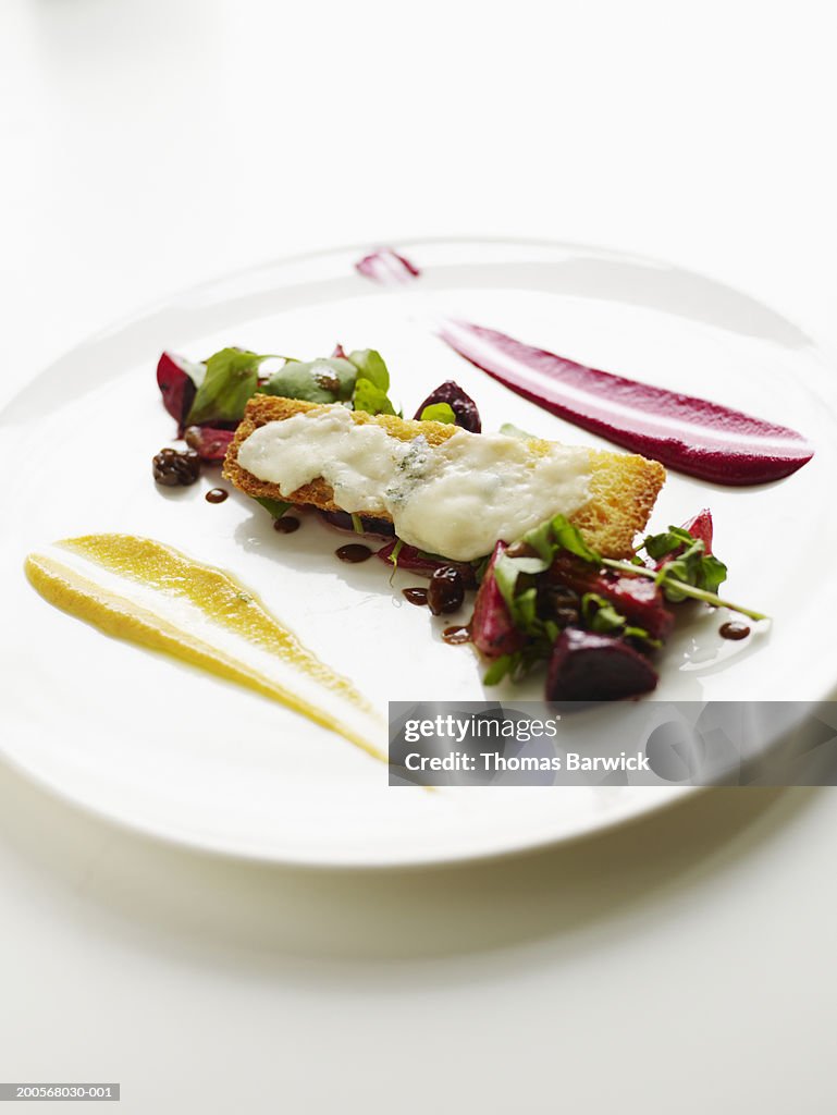 Cumin and citrus baby beet salad with gorgonzola crouton