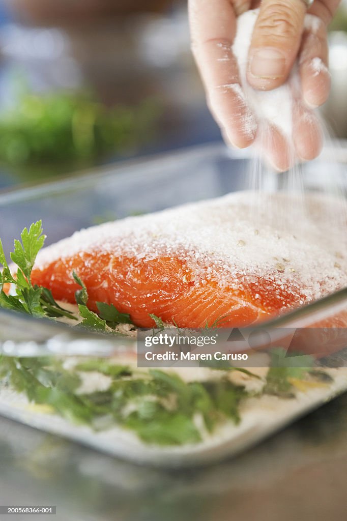 Fresh salmon in  baking glass