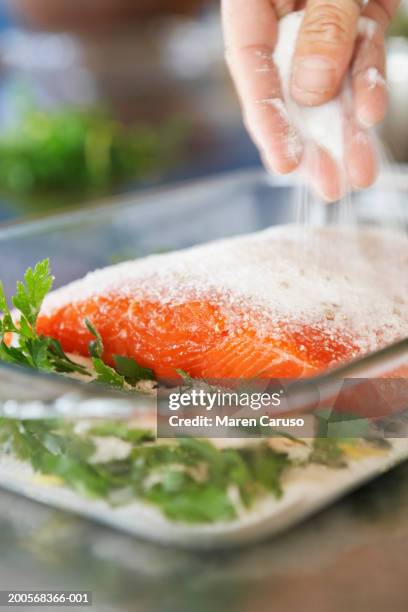 fresh salmon in  baking glass - adicionar sal imagens e fotografias de stock