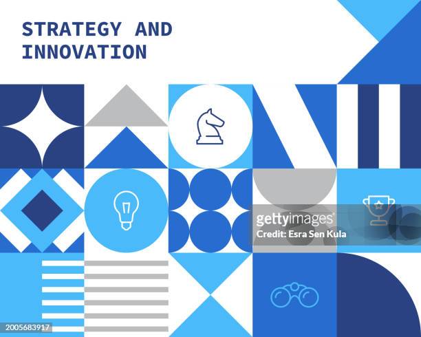 strategy and innovation concept bauhaus style background design with simple solid icons. this design is suitable for use on websites, in presentations, reports, magazines, and brochures. - chessmen stock illustrations