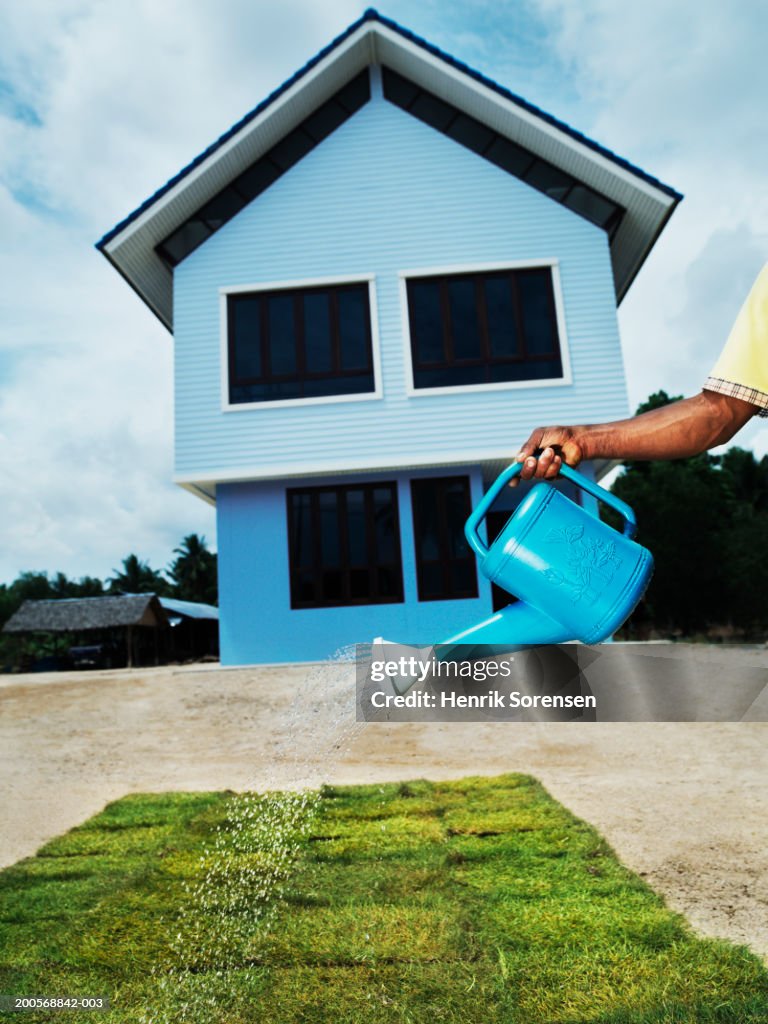 Gardener watering patches of grass, house in background