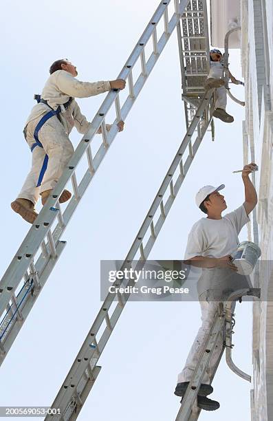 three painters on ladders, painting building facade, low angle view - facade works stock pictures, royalty-free photos & images