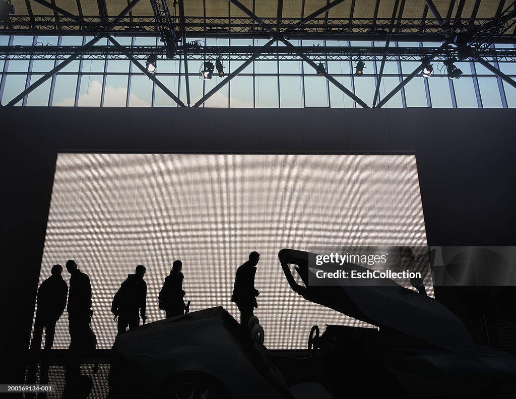Silhouettes of people looking at car displayed at car show
