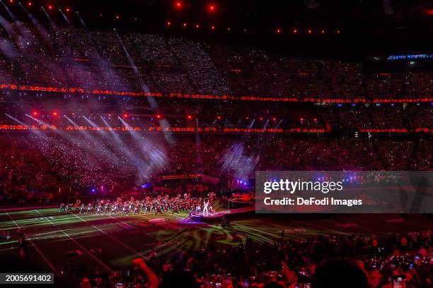 Usher performs during the Apple Music Super Bowl LVIII Halftime Show at Allegiant Stadium on February 11, 2024 in Las Vegas, Nevada.