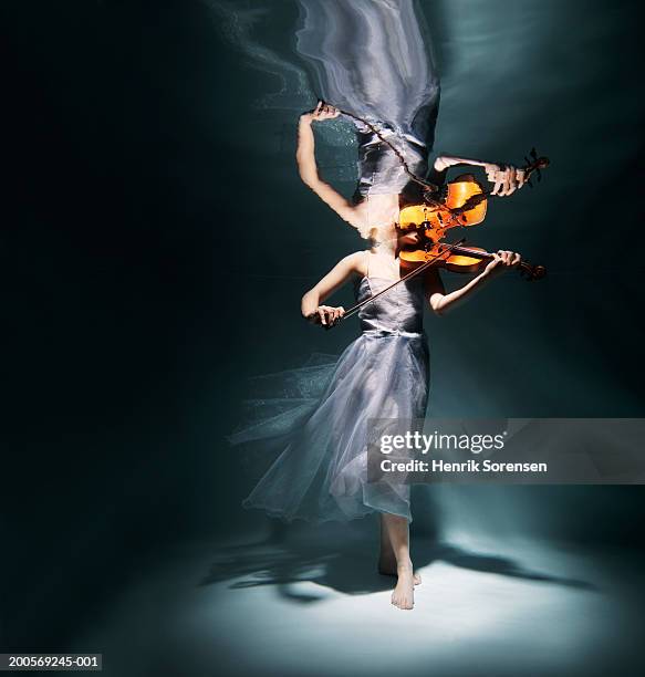 woman playing violin underwater (low section) - violine stock-fotos und bilder