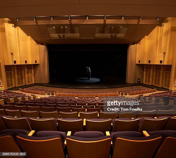 speaker standing at podium in empty auditorium, elevated view - auditoria stockfoto's en -beelden