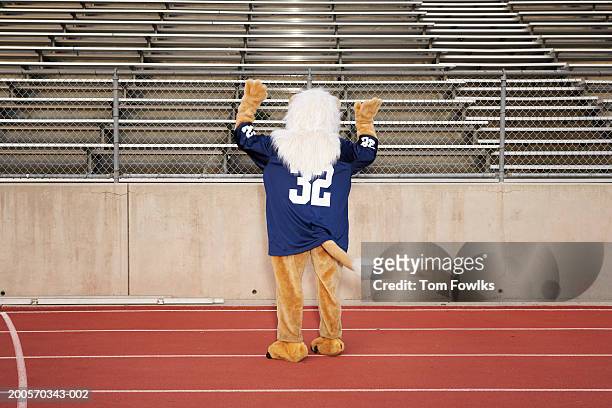 school mascot on running track, rear view - mascot stock pictures, royalty-free photos & images