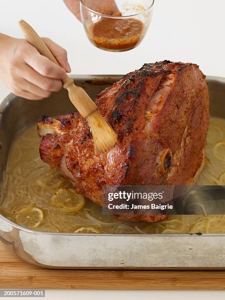 person basting ham in roasting tin - basted stock pictures, royalty-free photos & images