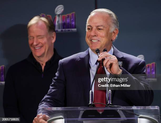 Commissioner Roger Goodell looks on as Nevada Gov. Joe Lombardo speaks during a Super Bowl Host Committee handoff news conference at the Mandalay Bay...