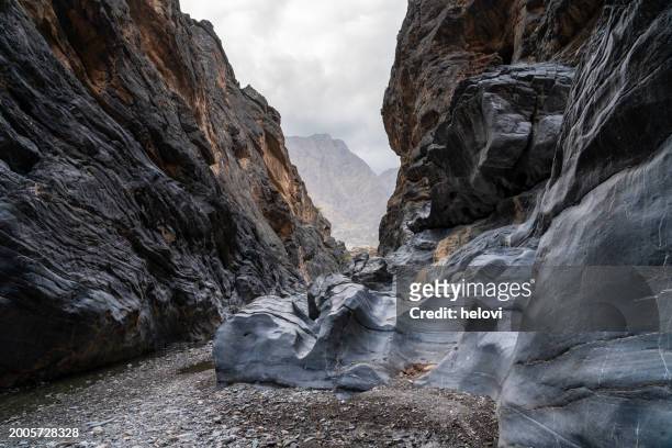 wadi bani awf - little snake canyon, oman - riverbed stock pictures, royalty-free photos & images