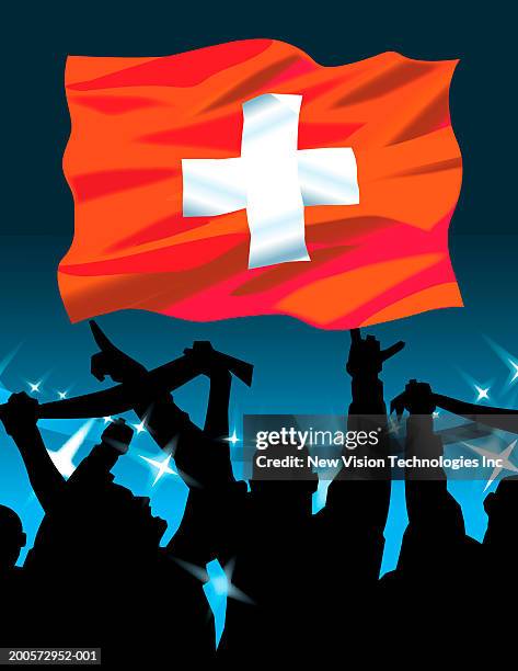 swiss flag above cheering crowd - swiss flag stock illustrations