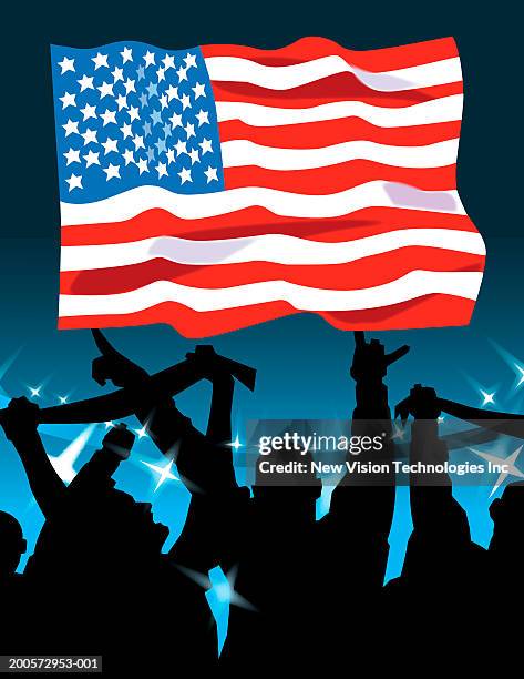 american flag above cheering crowd - crowd outside stadium stock illustrations