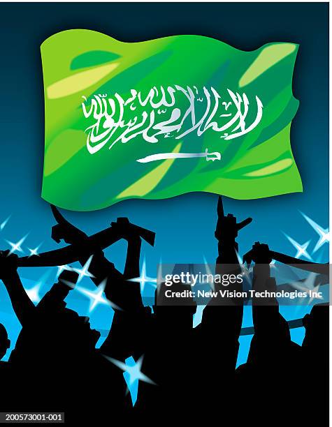saudi arabian flag above cheering fans - fans outside stadium stock illustrations