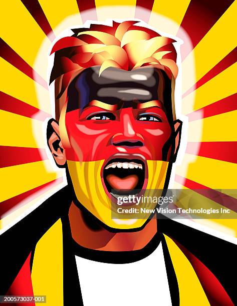 sports fan with german flag painted on face cheering - deutschland fans stock-grafiken, -clipart, -cartoons und -symbole